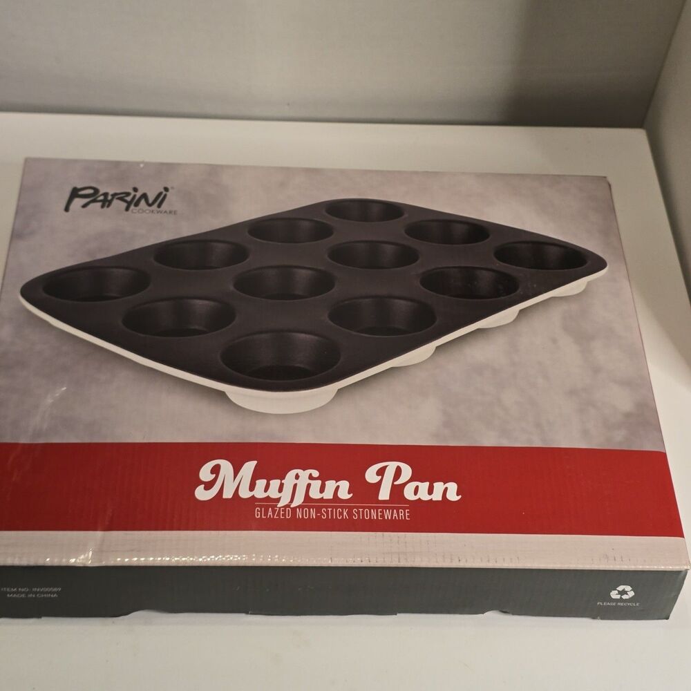 Parini Cookware 12-Cup Stoneware Muffin Pan Glazed Nonstick Pan New Open Box